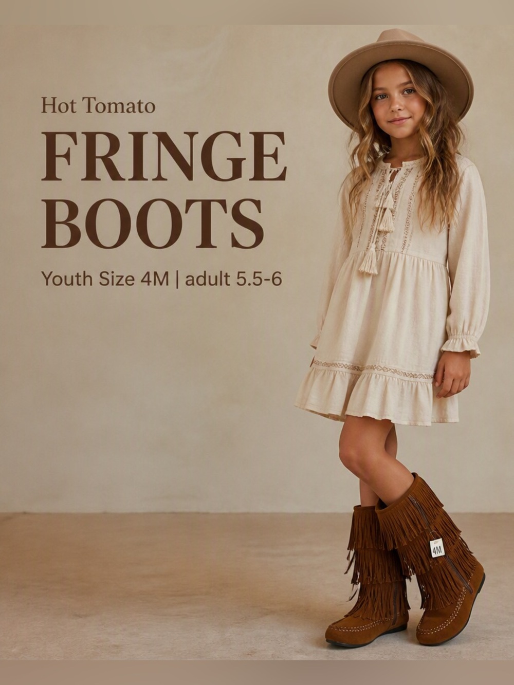 Hot Tomato Brown Fringe Calf Boots | Youth Size 4M | adult 5.5-6